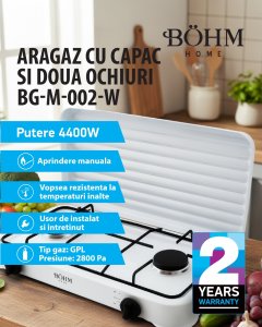 Plita cu doua arzatoare pe gaz si aprindere electrica BÖHM BG-M-002-W
